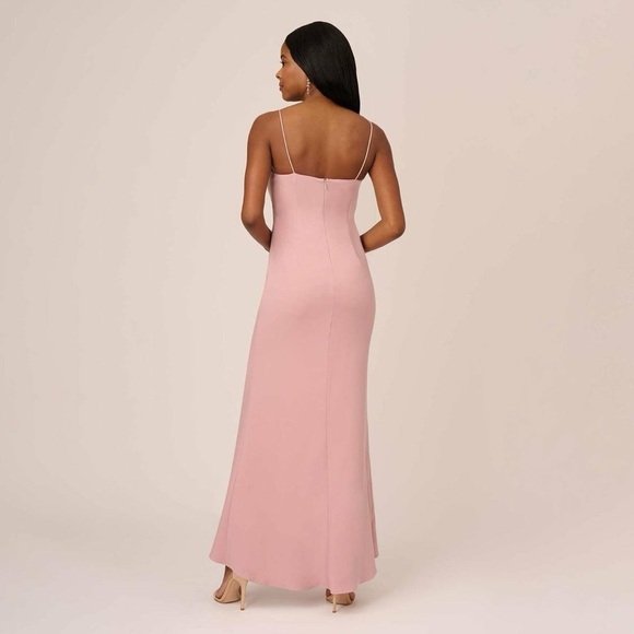 Adrianna Papell Satin Crepe Ruffle Front Long Gown In Steel Rose - Picture 4 of 9